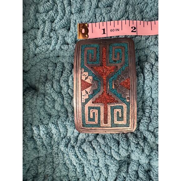 VINTAGE NATIVE STERLING SILVER TURQUOISE CORAL INLAY BELT BUCKLE CLOSEUPS main image 5